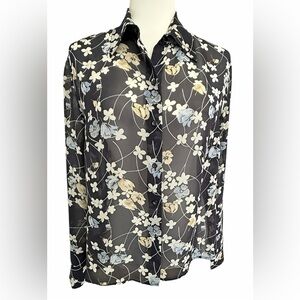 Ann Taylor LOFT 100% Silk Blouse Size 14 Navy Floral Semi Sheer Button Front Top